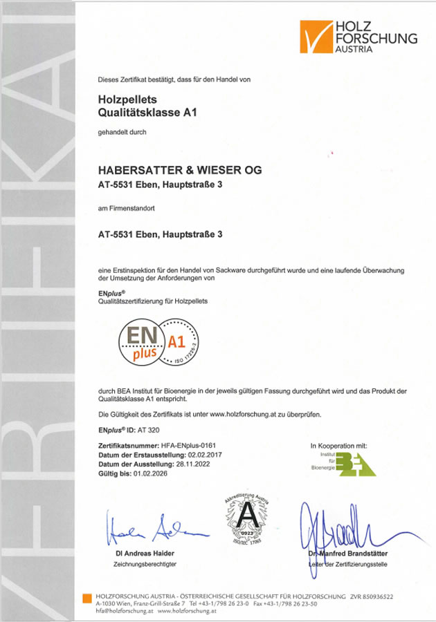 ENplus A1 Zertifikat von Holzhandel Habersatter & Wieser
