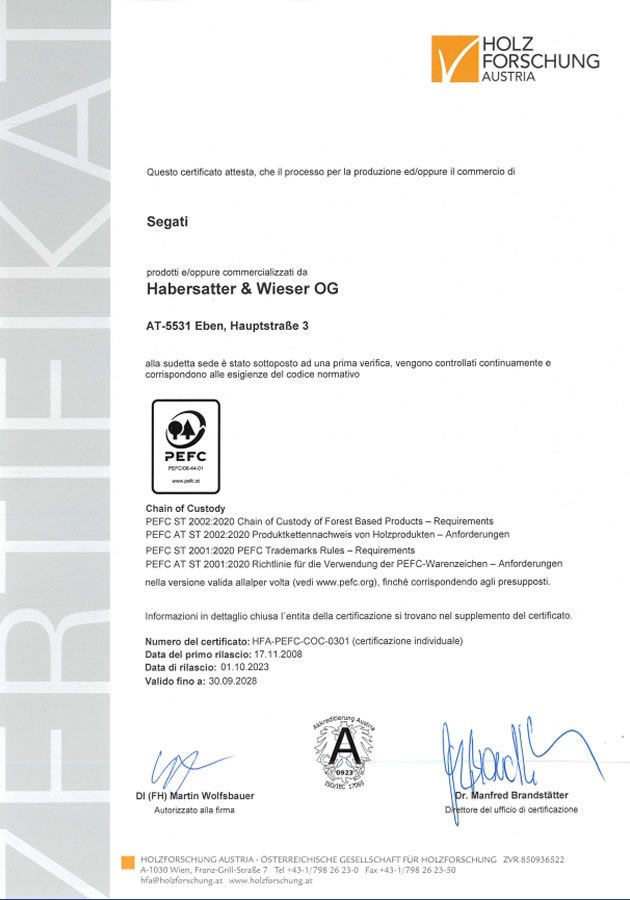 Certificato PEFC per Habersatter & Wieser