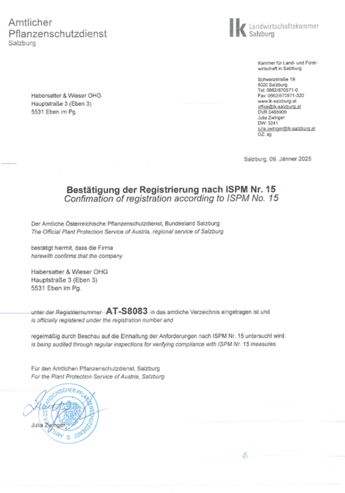 IPPC Zertifikat für Habersatter & Wieser